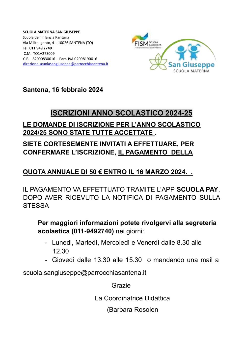 Locandina accettazione iscrizioni scuola materna San Giuseppe 2024-25